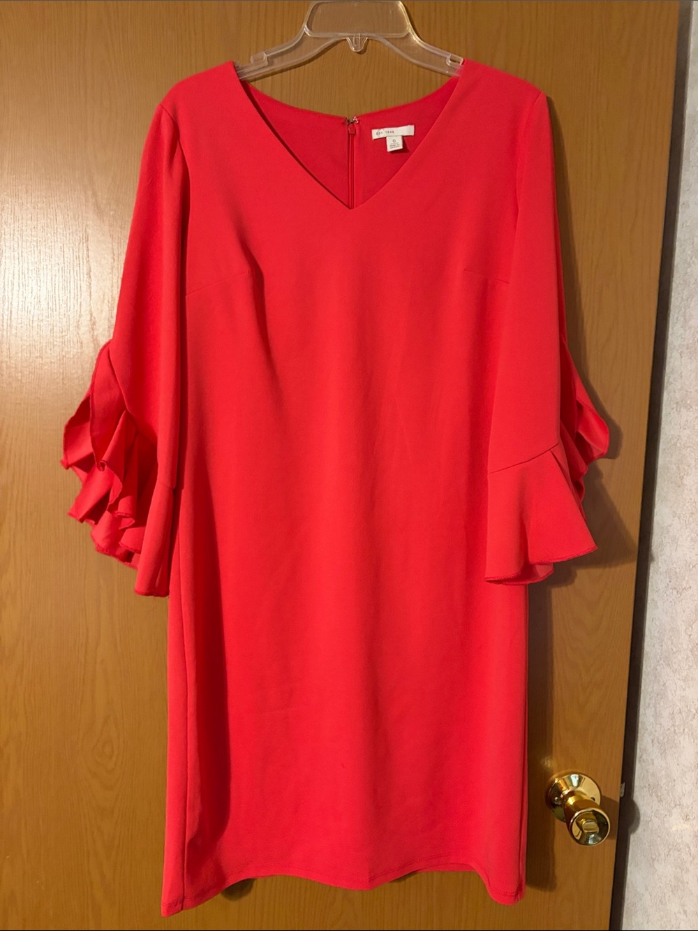 Cato Red V-Neck Midi Dress with Tiered Ruffle Sleeves
